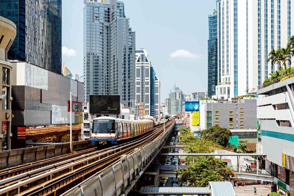 Hop on the Skytrain for a fast and scenic ride through Bangkok